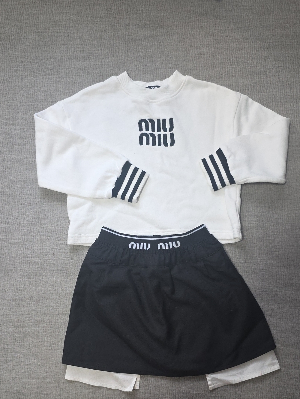 Logo White Crewneck Sweatshirt with Black Logo & Black Skirt